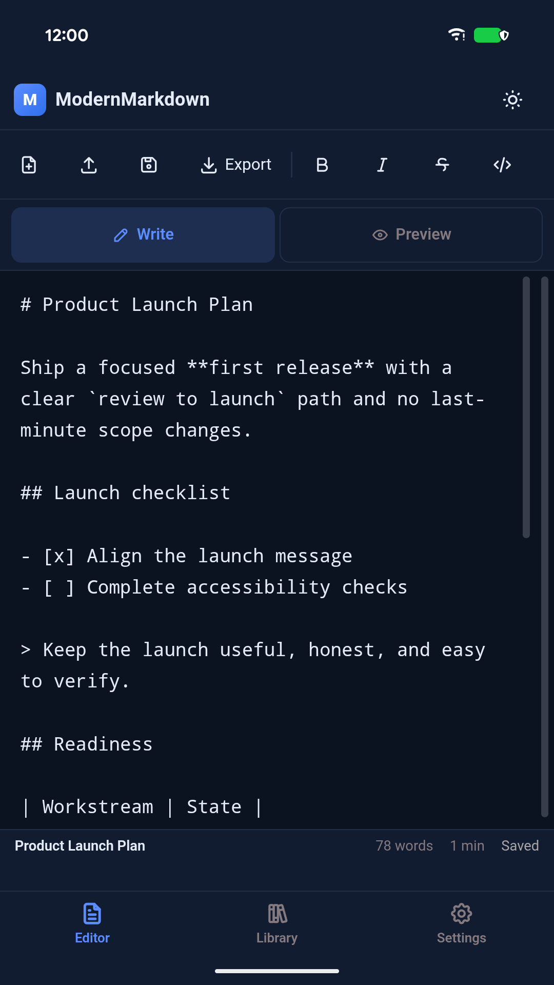 ModernMarkdown editor in Write mode